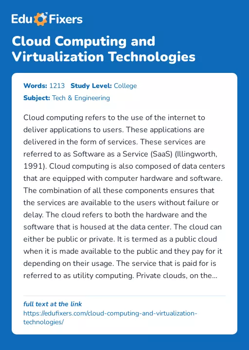 Cloud Computing and Virtualization Technologies - Essay Preview