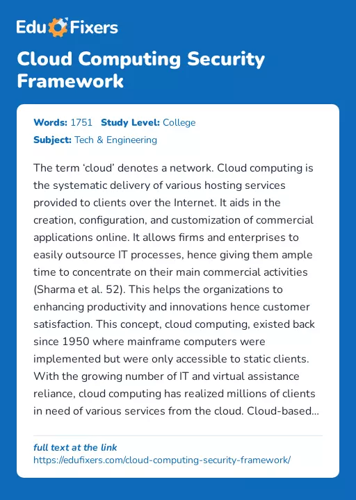 Cloud Computing Security Framework - Essay Preview