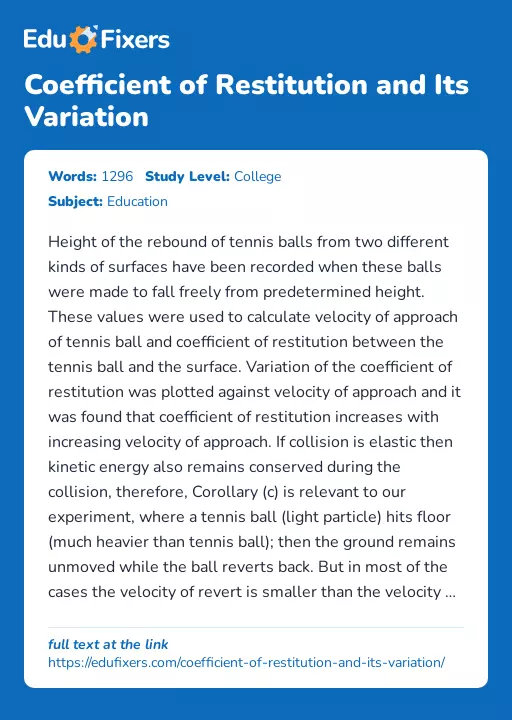 Coefficient of Restitution and Its Variation - Essay Preview