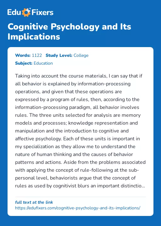 Cognitive Psychology and Its Implications - Essay Preview