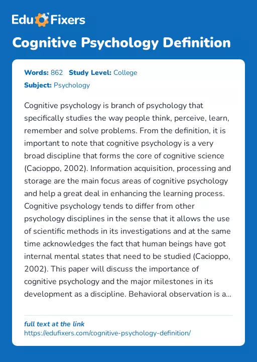 Cognitive Psychology Definition - Essay Preview