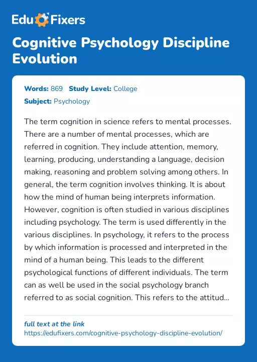 Cognitive Psychology Discipline Evolution - Essay Preview