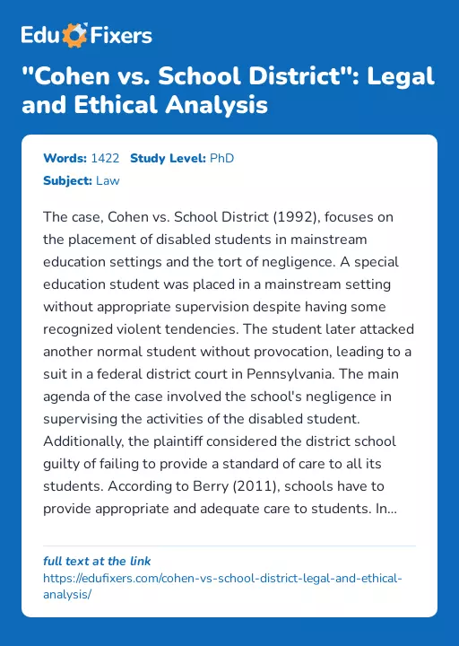 "Cohen vs. School District": Legal and Ethical Analysis - Essay Preview