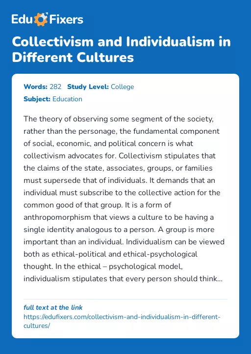 Collectivism and Individualism in Different Cultures - Essay Preview