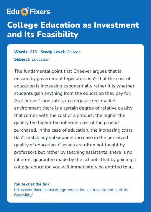 College Education as Investment and Its Feasibility - Essay Preview