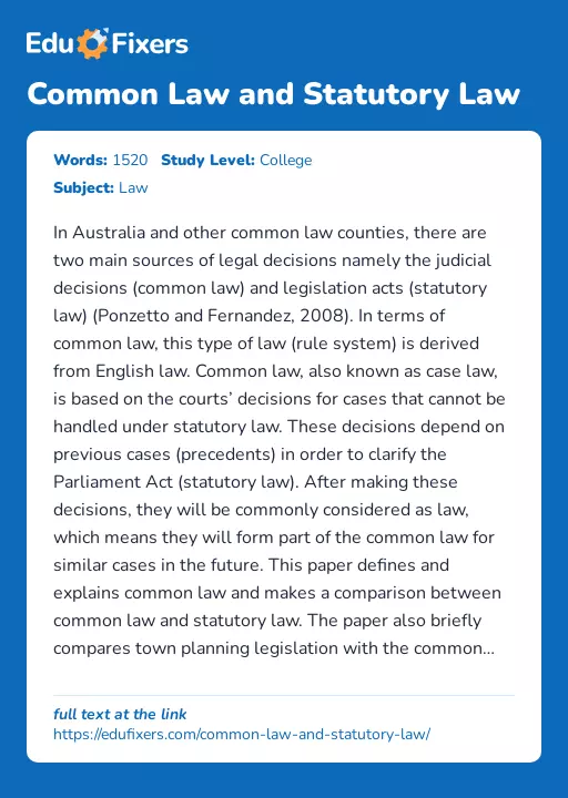 Common Law and Statutory Law - Essay Preview