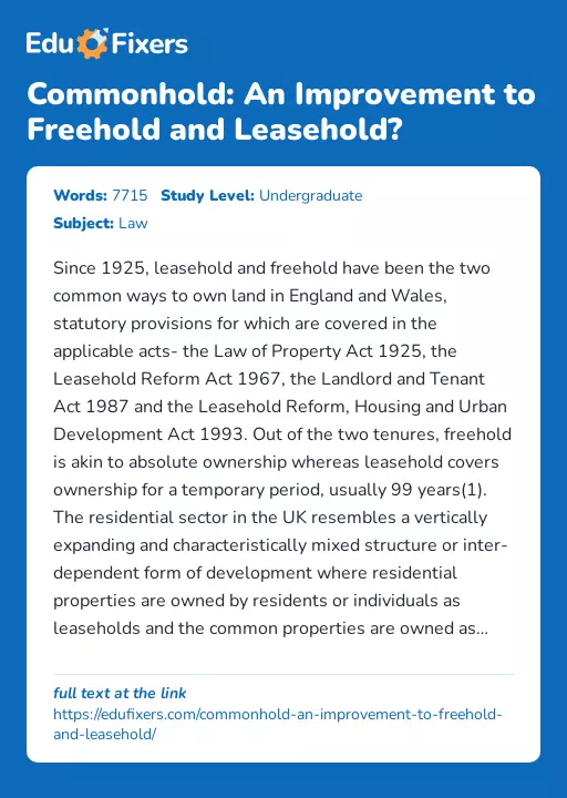 Commonhold: An Improvement to Freehold and Leasehold? - Essay Preview