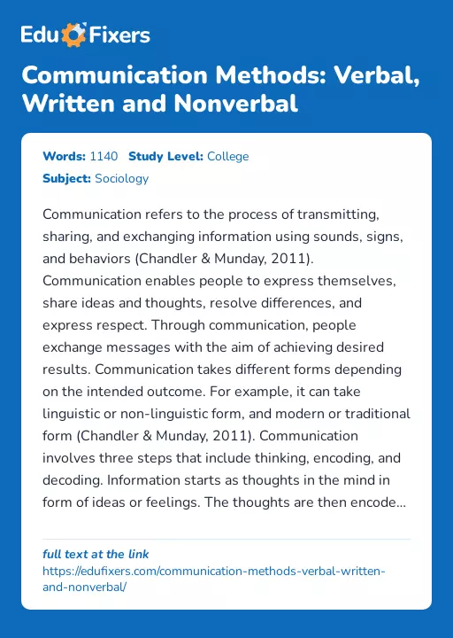Communication Methods: Verbal, Written and Nonverbal - Essay Preview