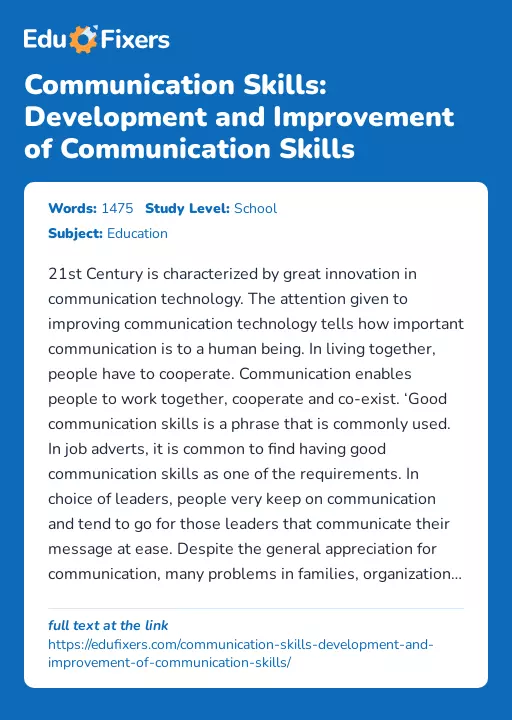 Communication Skills: Development and Improvement of Communication Skills - Essay Preview