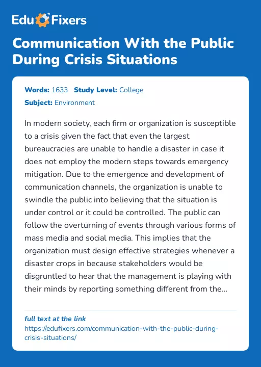Communication With the Public During Crisis Situations - Essay Preview