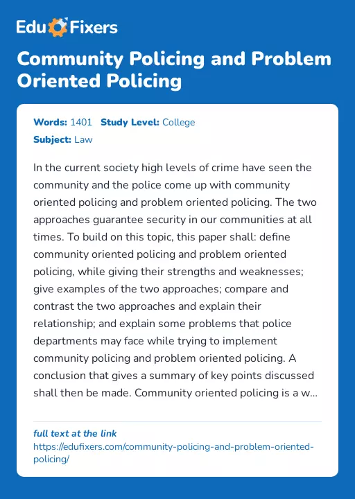 Community Policing and Problem Oriented Policing - Essay Preview