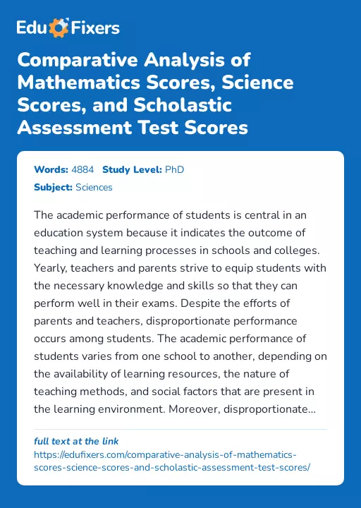 Comparative Analysis of Mathematics Scores, Science Scores, and Scholastic Assessment Test Scores - Essay Preview