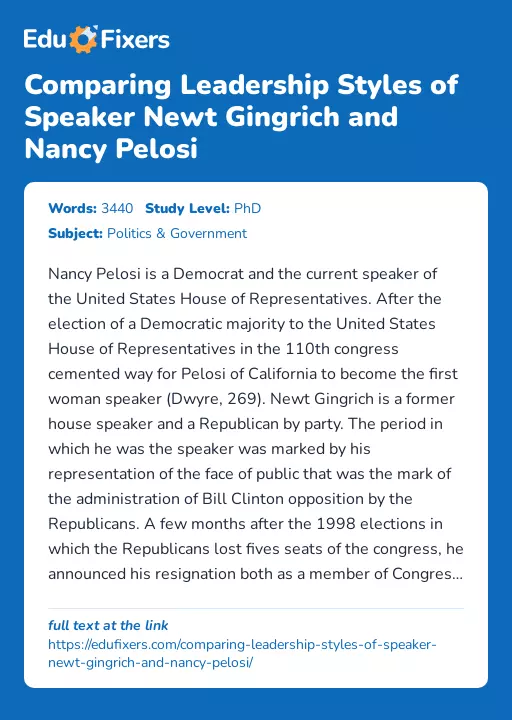 Comparing Leadership Styles of Speaker Newt Gingrich and Nancy Pelosi - Essay Preview