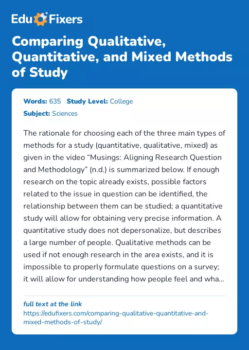 Comparing Qualitative, Quantitative, and Mixed Methods of Study - Essay Preview