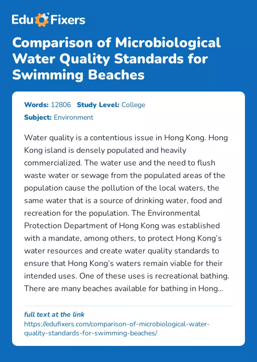 Comparison of Microbiological Water Quality Standards for Swimming Beaches - Essay Preview