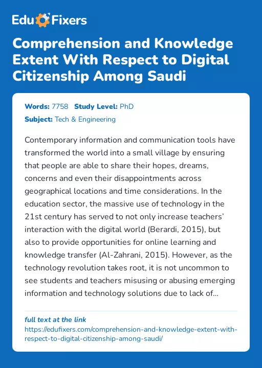 Comprehension and Knowledge Extent With Respect to Digital Citizenship Among Saudi - Essay Preview