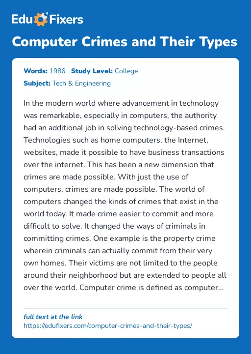 Computer Crimes and Their Types - Essay Preview