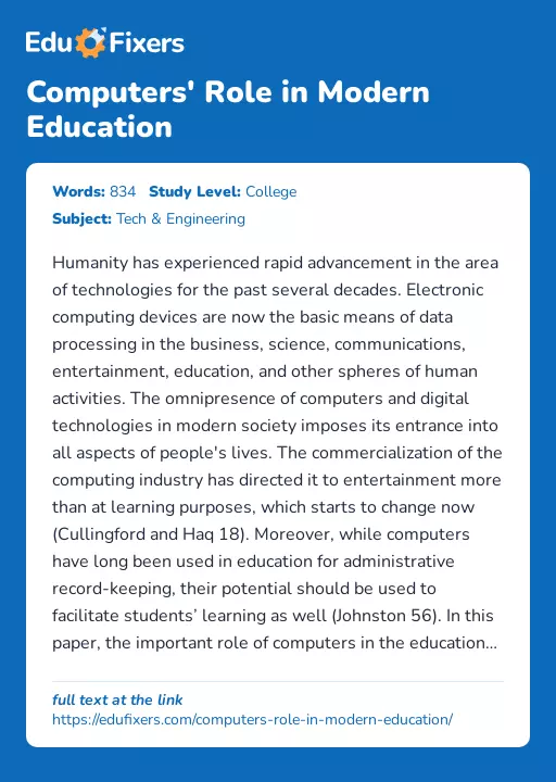 Computers' Role in Modern Education - Essay Preview