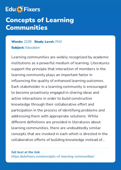 Concepts of Learning Communities - Essay Preview