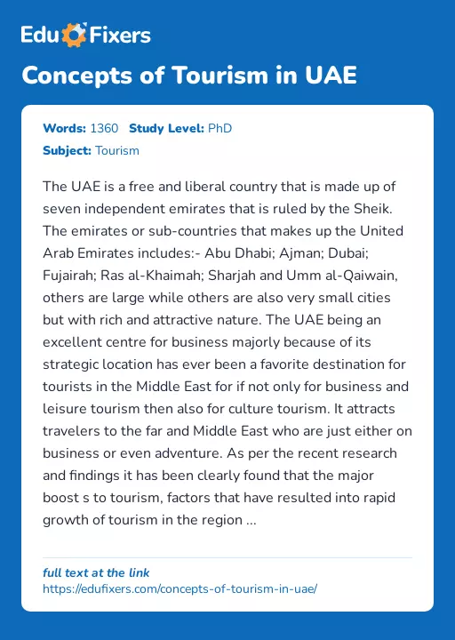 Concepts of Tourism in UAE - Essay Preview
