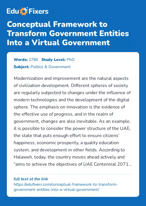 Conceptual Framework to Transform Government Entities Into a Virtual Government - Essay Preview