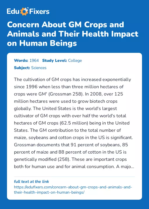 Concern About GM Crops and Animals and Their Health Impact on Human Beings - Essay Preview