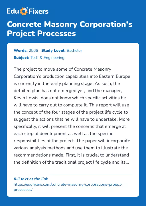 Concrete Masonry Corporation's Project Processes - Essay Preview