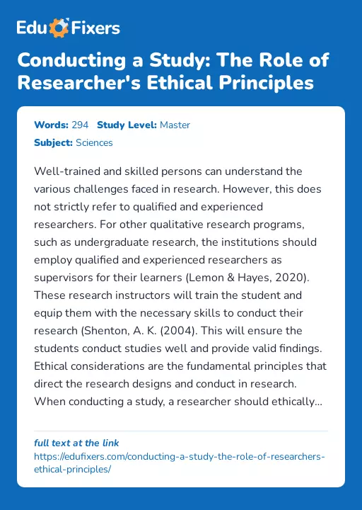 Conducting a Study: The Role of Researcher's Ethical Principles - Essay Preview