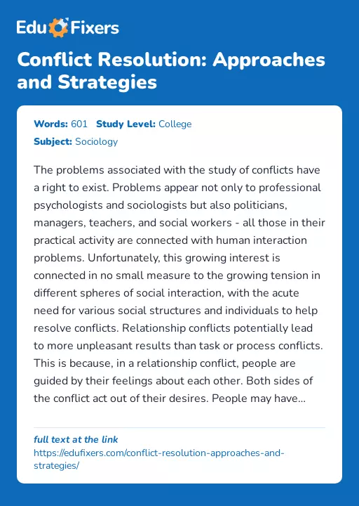 Conflict Resolution: Approaches and Strategies - Essay Preview