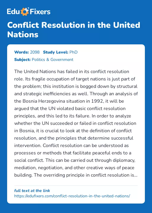 Conflict Resolution in the United Nations - Essay Preview