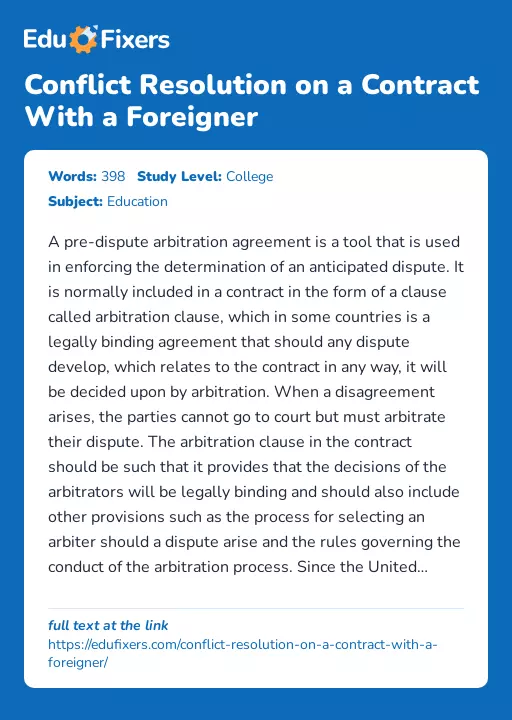 Conflict Resolution on a Contract With a Foreigner - Essay Preview