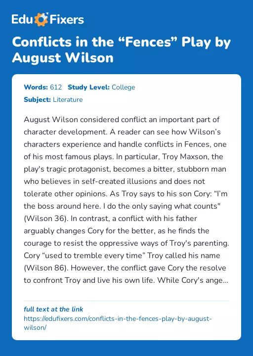 Conflicts in the “Fences” Play by August Wilson - Essay Preview