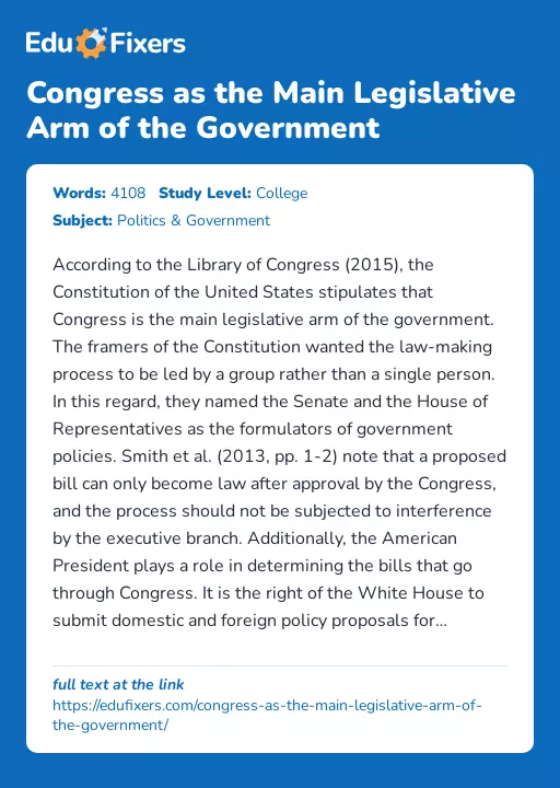 Congress as the Main Legislative Arm of the Government - Essay Preview