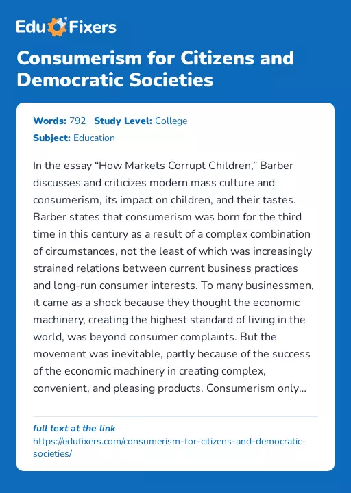 Consumerism for Citizens and Democratic Societies - Essay Preview