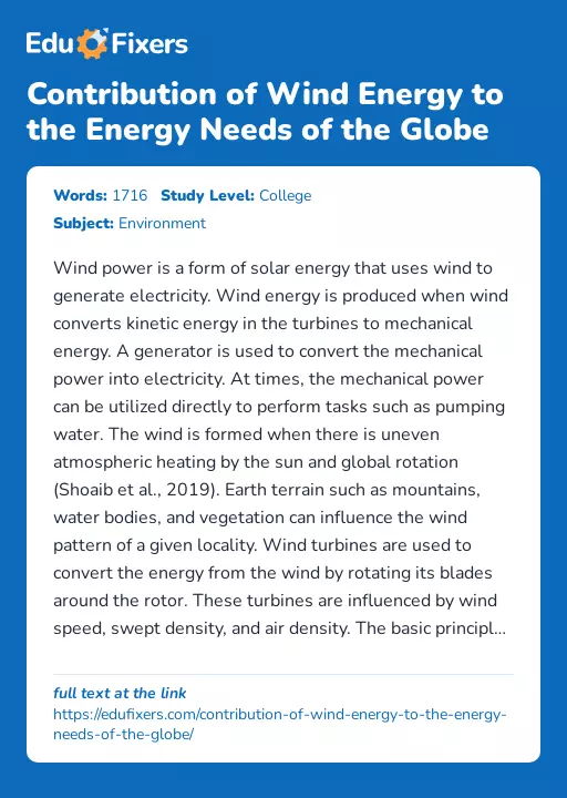 Contribution of Wind Energy to the Energy Needs of the Globe - Essay Preview