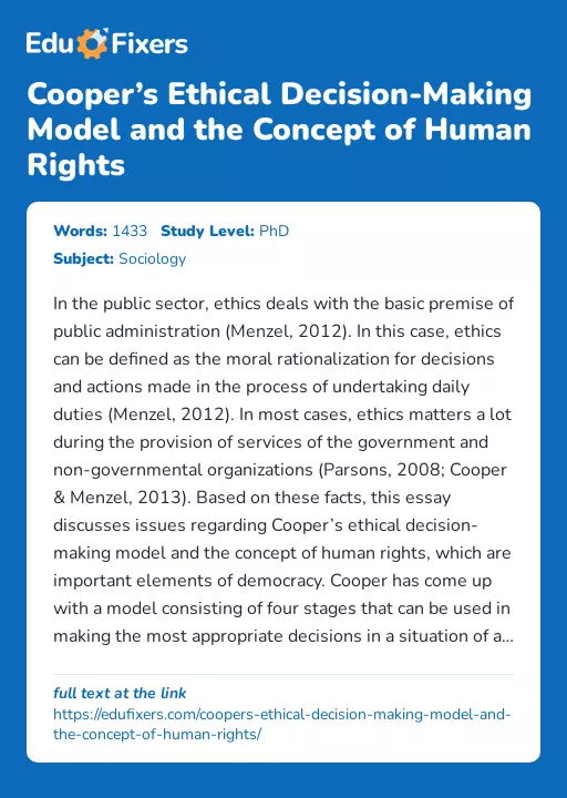 Cooper’s Ethical Decision-Making Model and the Concept of Human Rights - Essay Preview