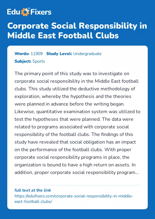 Corporate Social Responsibility in Middle East Football Clubs - Essay Preview