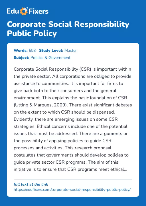 Corporate Social Responsibility Public Policy - Essay Preview