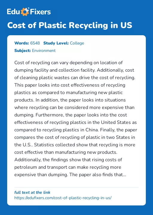 Cost of Plastic Recycling in US - Essay Preview