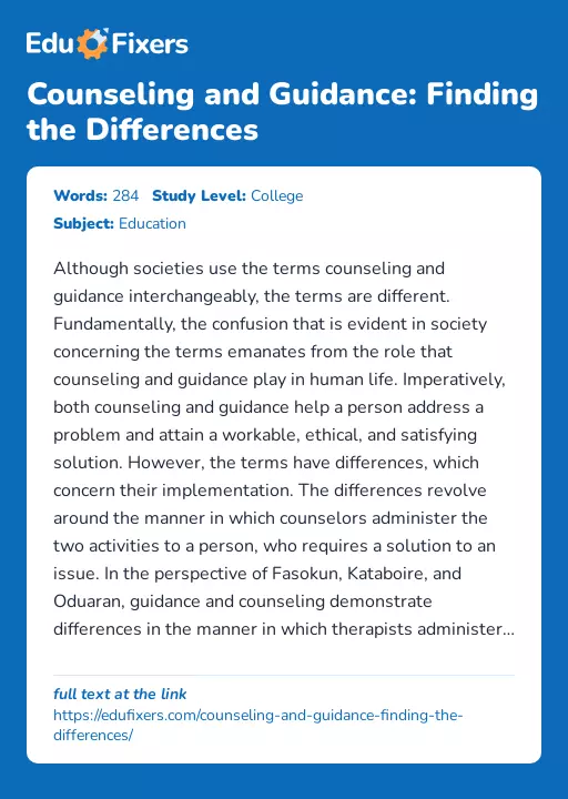 Counseling and Guidance: Finding the Differences - Essay Preview