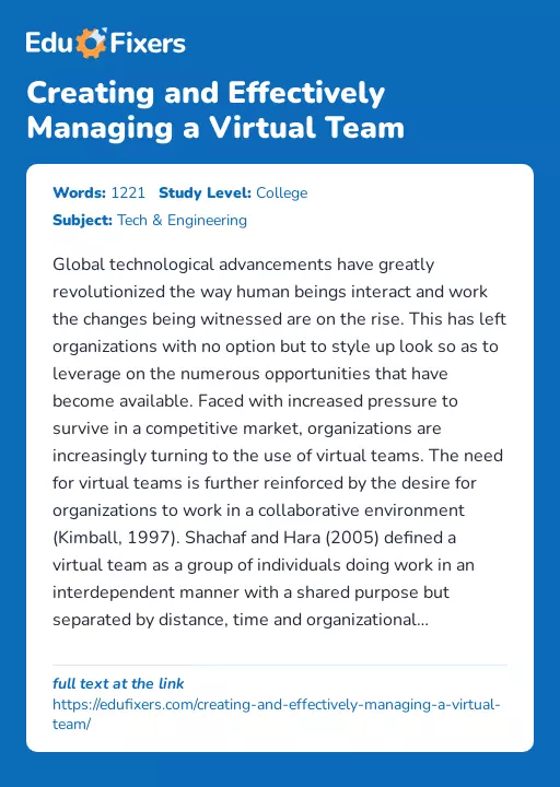 Creating and Effectively Managing a Virtual Team - Essay Preview