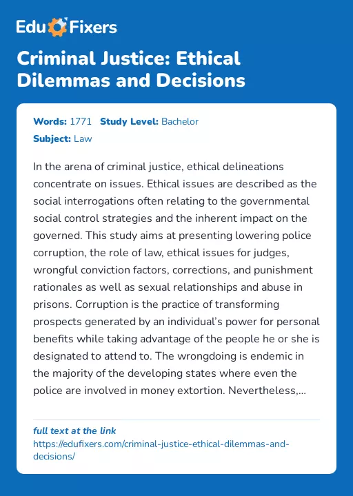 Criminal Justice: Ethical Dilemmas and Decisions - Essay Preview