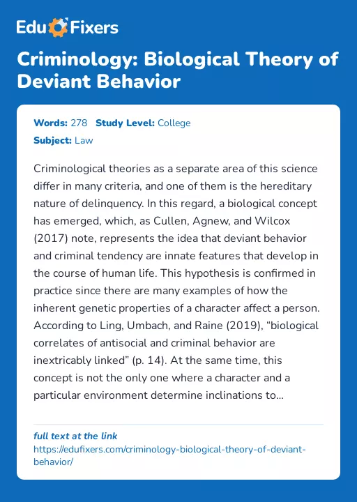 Criminology: Biological Theory of Deviant Behavior - Essay Preview