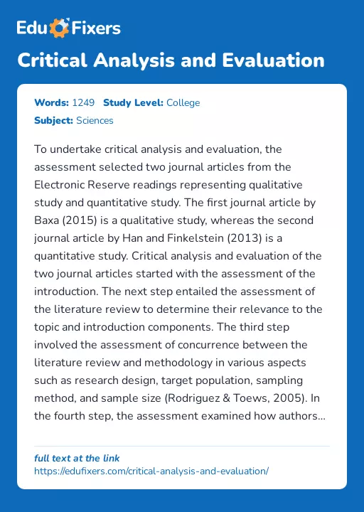 Critical Analysis and Evaluation - Essay Preview
