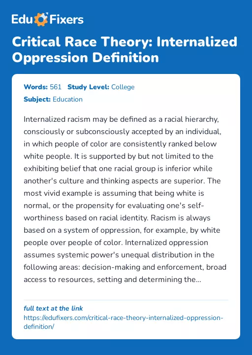 Critical Race Theory: Internalized Oppression Definition - Essay Preview