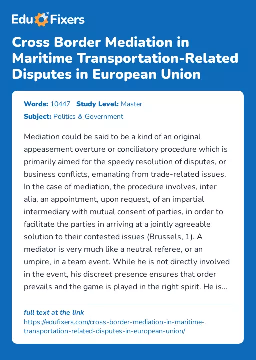 Cross Border Mediation in Maritime Transportation-Related Disputes in European Union - Essay Preview