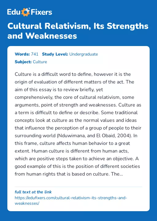 Cultural Relativism, Its Strengths and Weaknesses - Essay Preview