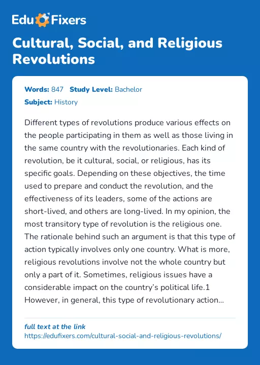 Cultural, Social, and Religious Revolutions - Essay Preview