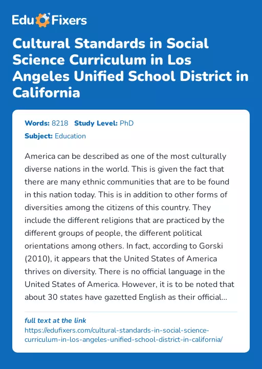 Cultural Standards in Social Science Curriculum in Los Angeles Unified School District in California - Essay Preview