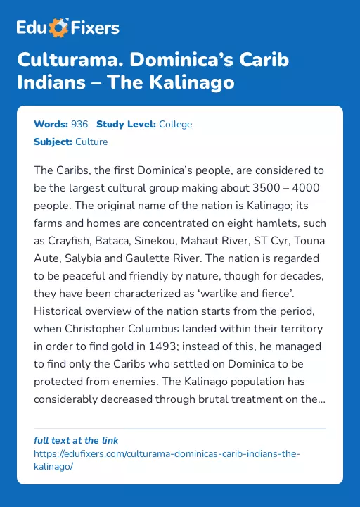 Culturama. Dominica’s Carib Indians – The Kalinago - Essay Preview